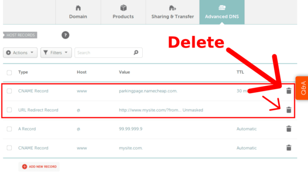 How to delete DNS records for a Namecheap domain