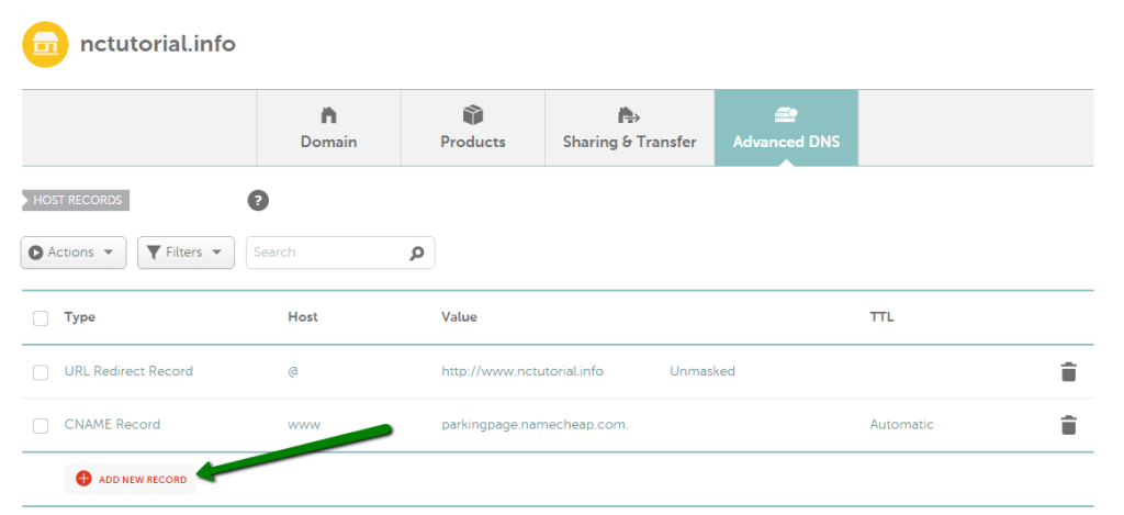 ADD NEW RECORD button on the Namecheap Advanced DNS page for a domain