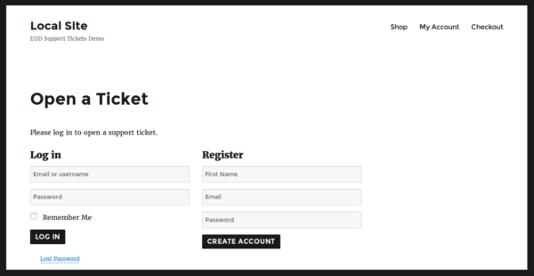 EDD Support Tickets login/register forms