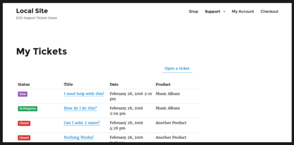 EDD Support Tickets, My Tickets page