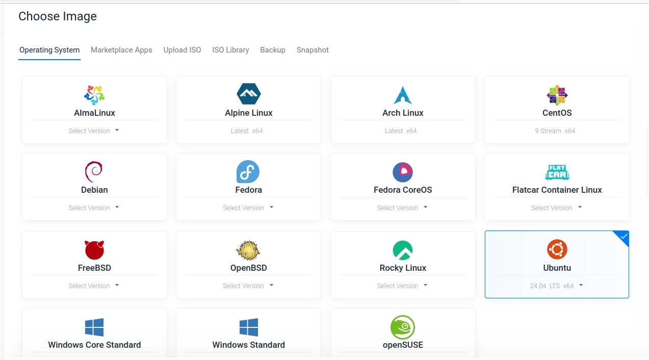 Vultr's Choose Image selection, choosing Ubuntu version 24.04 x64