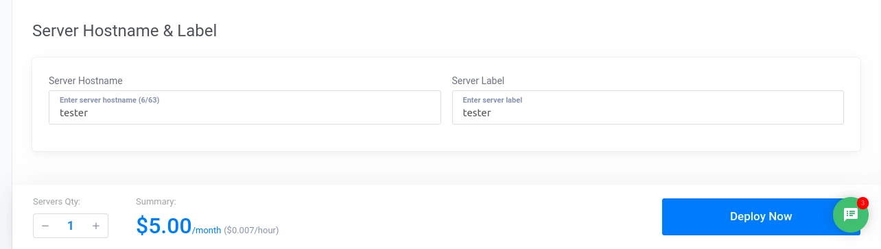 Vultr Server Hostname and Label fields on the Deploy Instance page